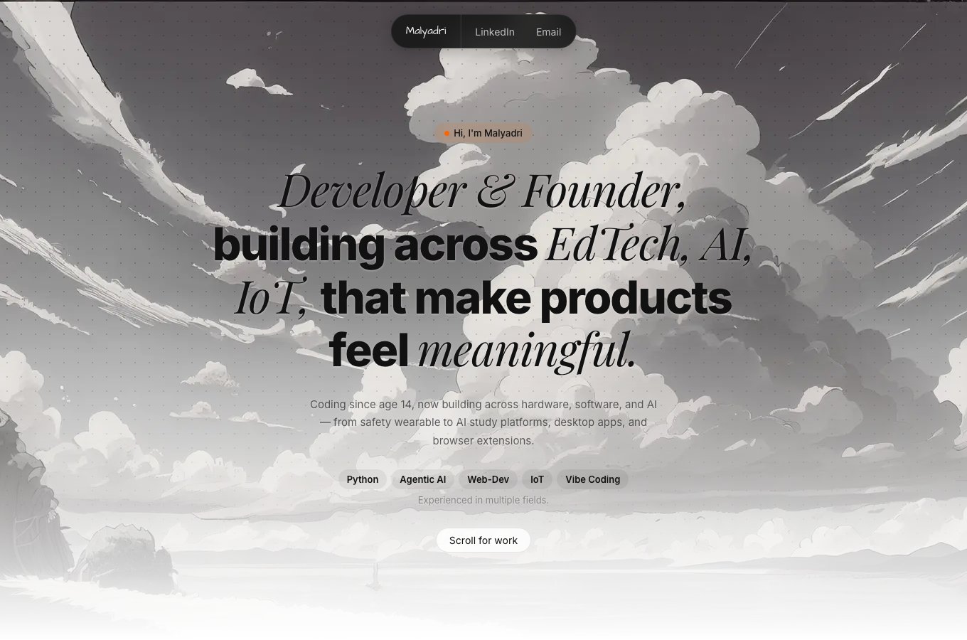 Malyadri’s portfolio homepage with an illustrated sky and bold developer and founder introduction