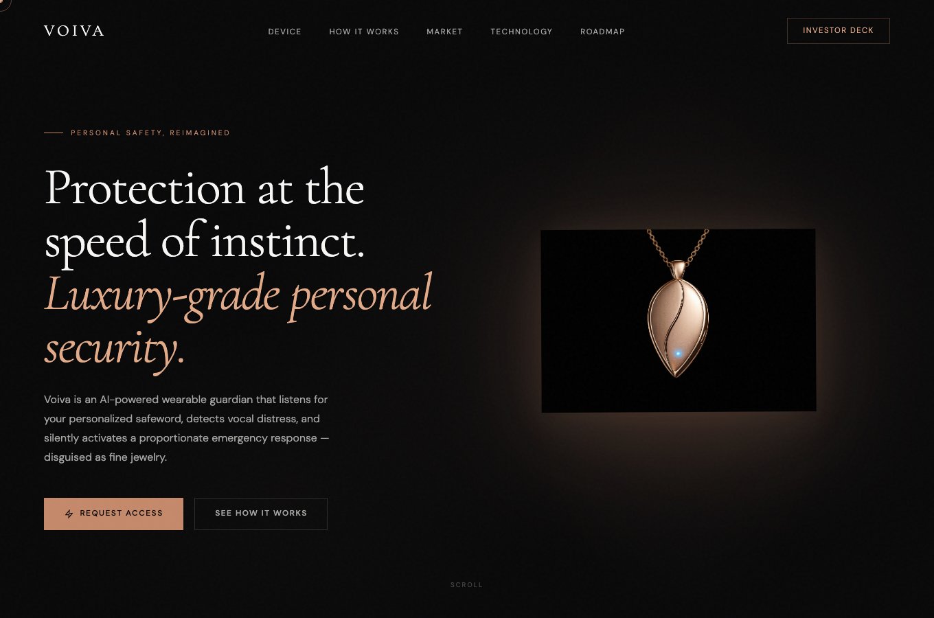 Voiva homepage with a dark design, elegant typography, and a wearable pendant